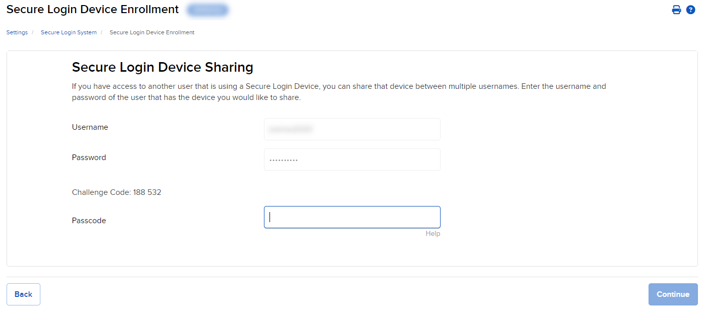 The secure login device sharing challenge code screen in portal. 